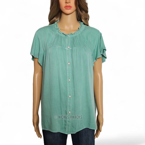 Rails Ruthie Ruffle Cap Sleeve Snap Front Basil Green Blouse Top Size XL - Picture 2 of 9
